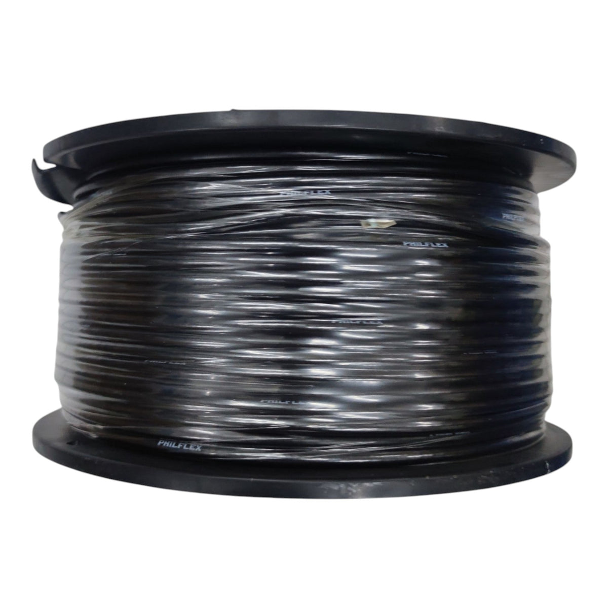 A large spool of black electrical wire wrapped in clear protective plastic, isolated on a white background.