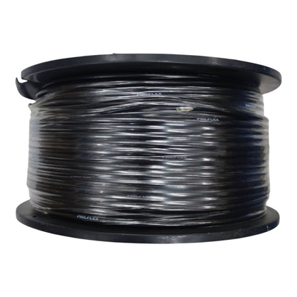 A large spool of black electrical wire wrapped in clear protective plastic, isolated on a white background.
