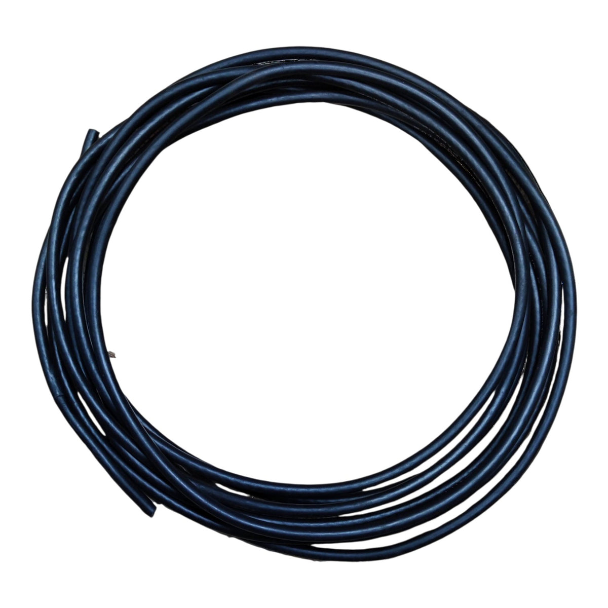 A coiled length of dark blue or navy blue electrical wire on a plain white background.