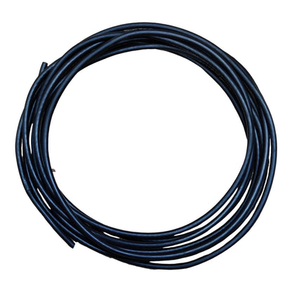 A coiled length of dark blue or navy blue electrical wire on a plain white background.