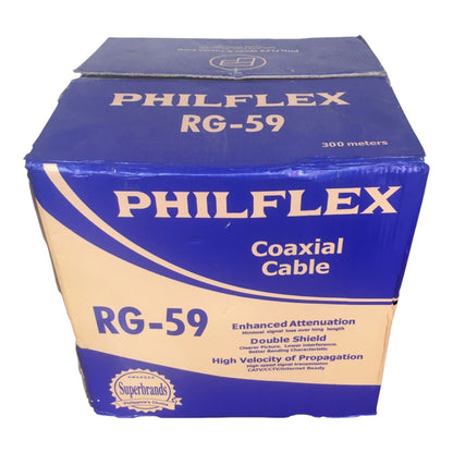 A blue and beige cardboard box of Philflex RG-59 Coaxial Cable, 300 meters, on a white background.