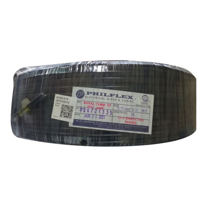 A large spool of Philflex Royal Cord ST electrical wire wrapped in protective plastic and a label, shown on a plain white background.