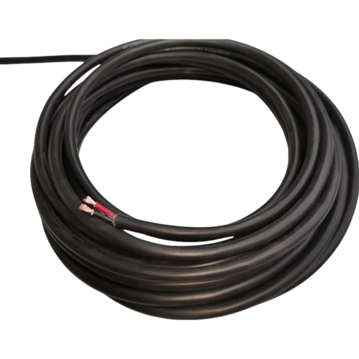 A coiled black electrical cable with two exposed red and copper wires at one end, shown on a plain white background.