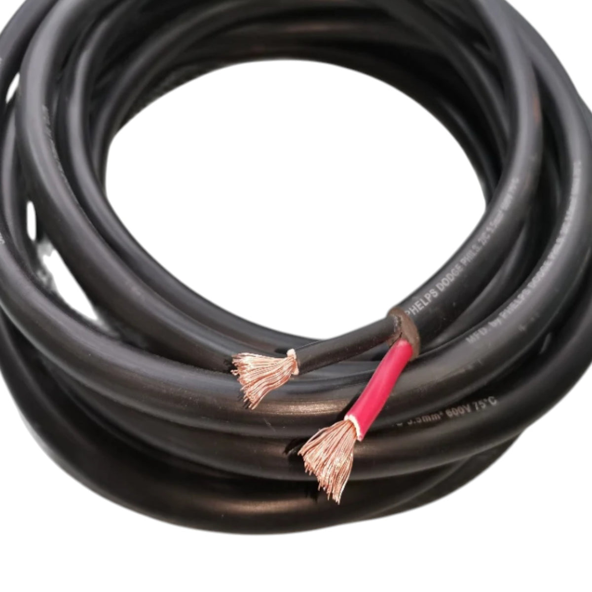 A coiled black electrical cable with two exposed copper-toned wire strands and a red protective inner sheath, shown on a plain white background.