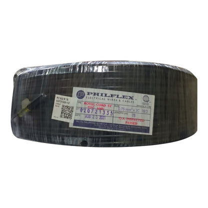 A large spool of Philflex Royal Cord ST electrical wire and cable, wrapped in protective clear plastic and featuring a white product label with blue and red text, set against a plain white background.
