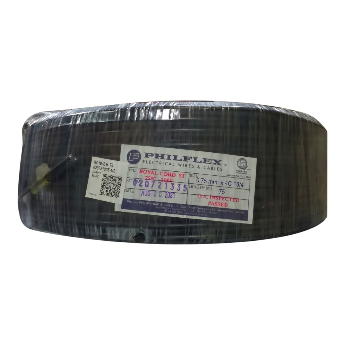 A large spool of Philflex Royal Cord ST electrical wire wrapped in protective plastic, with a white product label showing specifications and a QR code, set against a plain white background.