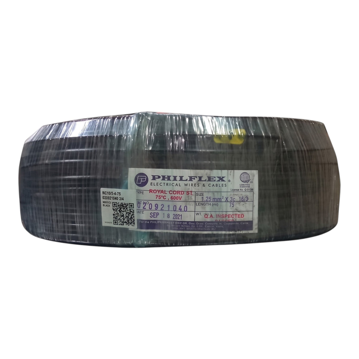 A large spool of Philflex Royal Corduroy 750 electrical wire and cables, wrapped in protective plastic with a white product label on the front, set against a plain white background.