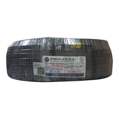 A large spool of Philflex Royal Corduroy 750 electrical wire and cables, wrapped in protective plastic with a white product label on the front, set against a plain white background.