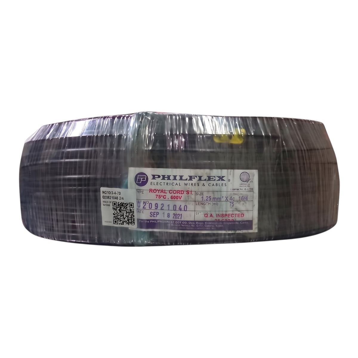A large spool of Philflex Royal Cord 9Y3 electrical wire and cables, wrapped in protective plastic with a white product label showing specifications and a QR code.