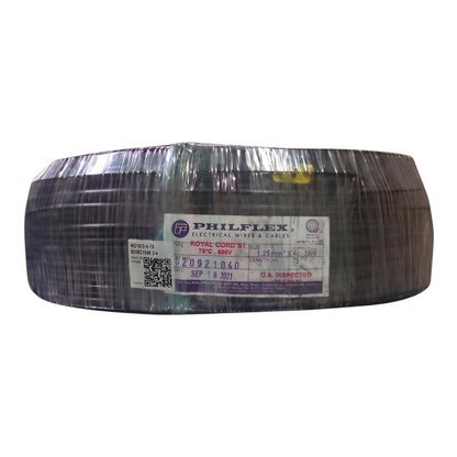 A large spool of Philflex Royal Cord 9Y3 electrical wire and cables, wrapped in protective plastic with a white product label showing specifications and a QR code.