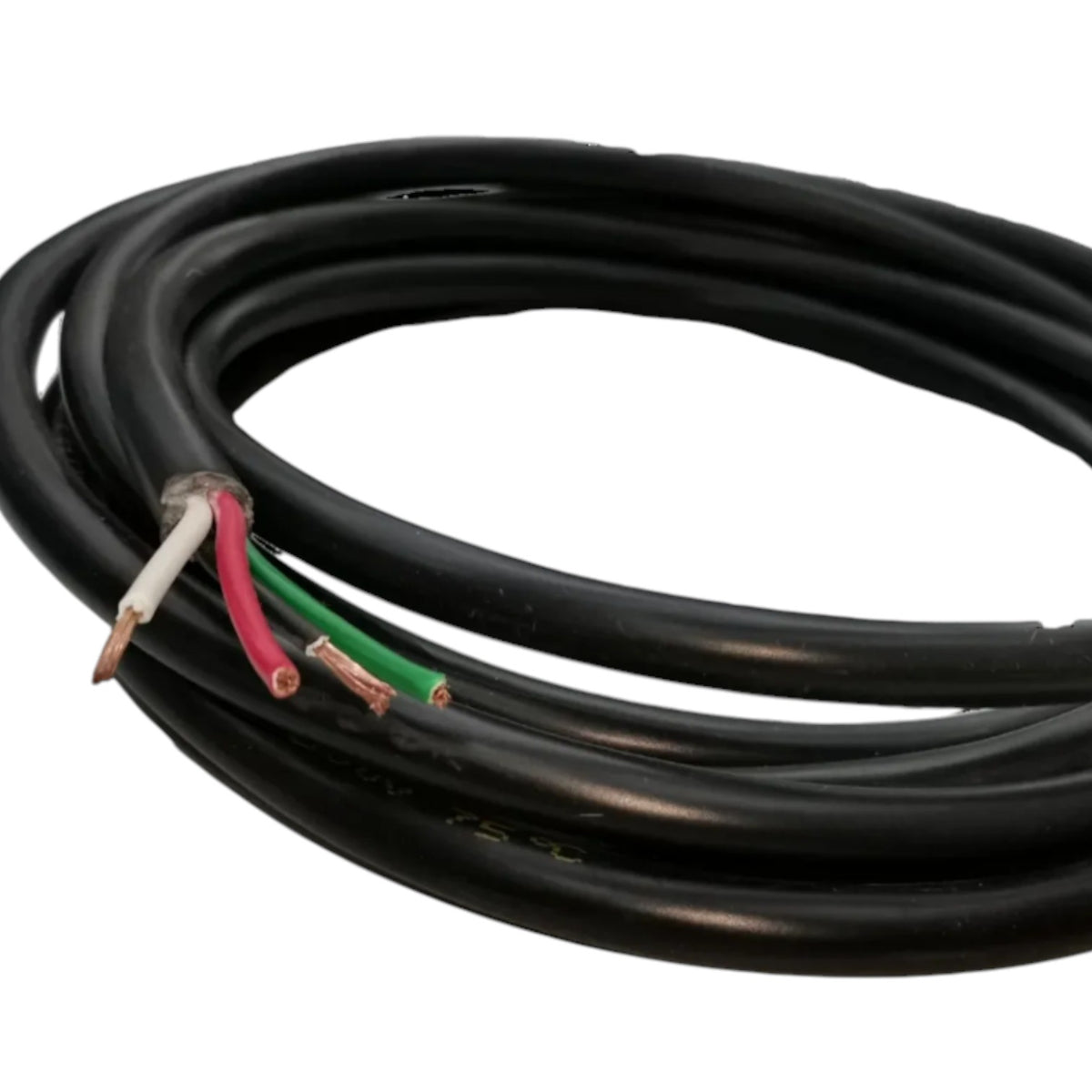 A coiled black electrical cable with three exposed inner wires in white, red, and green, showing copper-colored terminals, on a plain white background.