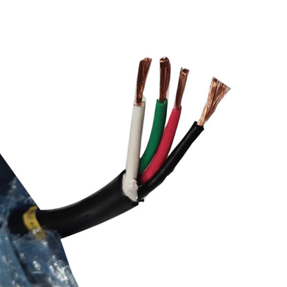 A close-up of a multi-core electrical cable with its outer black sheath partially removed, showing four inner wires in black, red, green, and white with exposed copper strands.