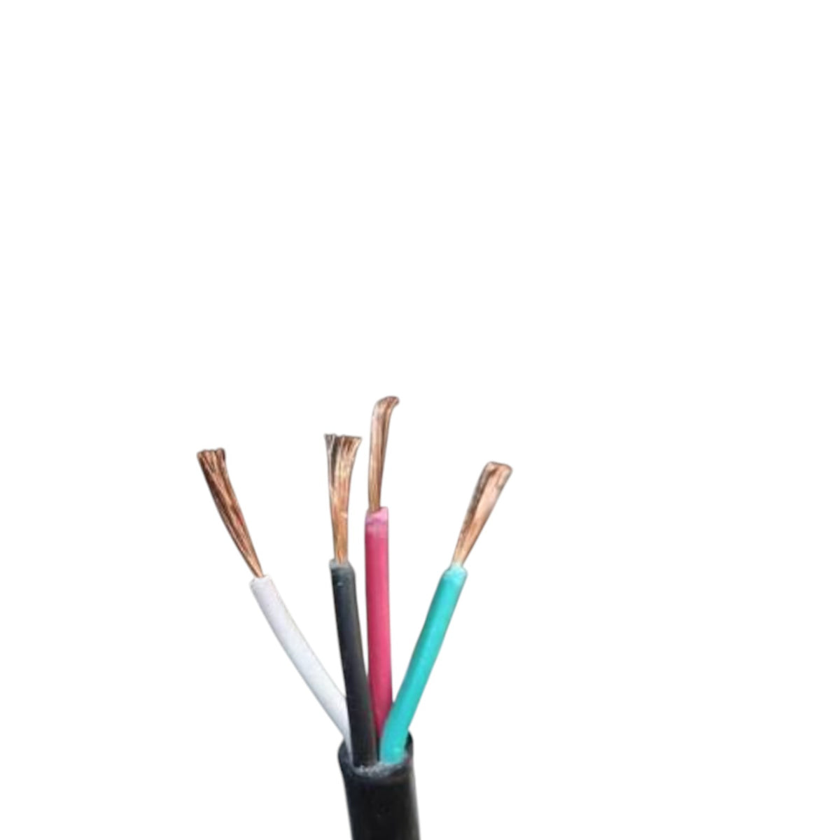 A close-up of a multi-core cable with five exposed copper wires of different colors: white, black, pink, teal, and teal, emerging from a black outer sheath against a solid white background.