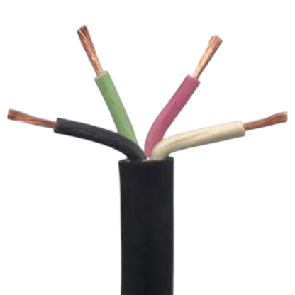 A close-up of a multi-core electrical cable with a black outer sheath and four exposed inner wires in green, pink, beige, and copper-colored strands.