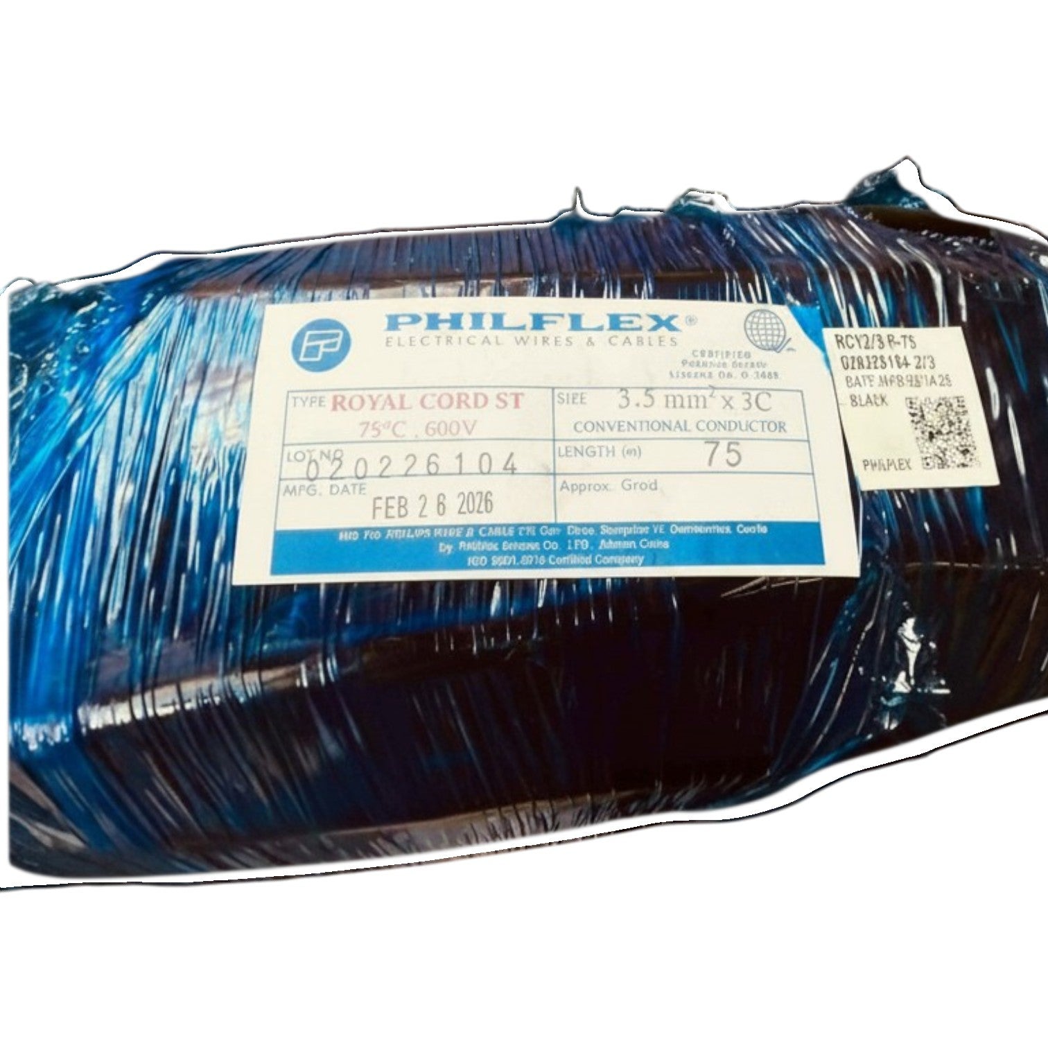 A large spool of Philflex Royal Cord St blue flat cable, wrapped in protective plastic with a white and blue product label showing specifications.
