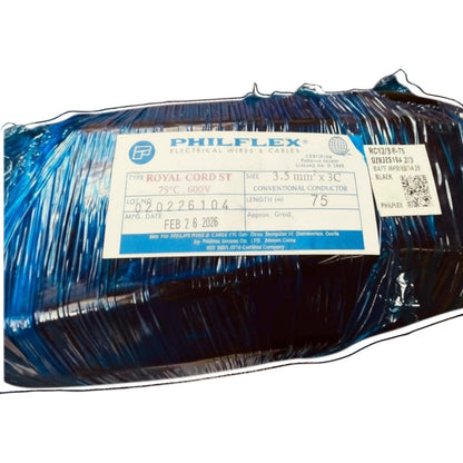 A large spool of Philflex Royal Cord St blue flat cable, wrapped in protective plastic with a white and blue product label showing specifications.