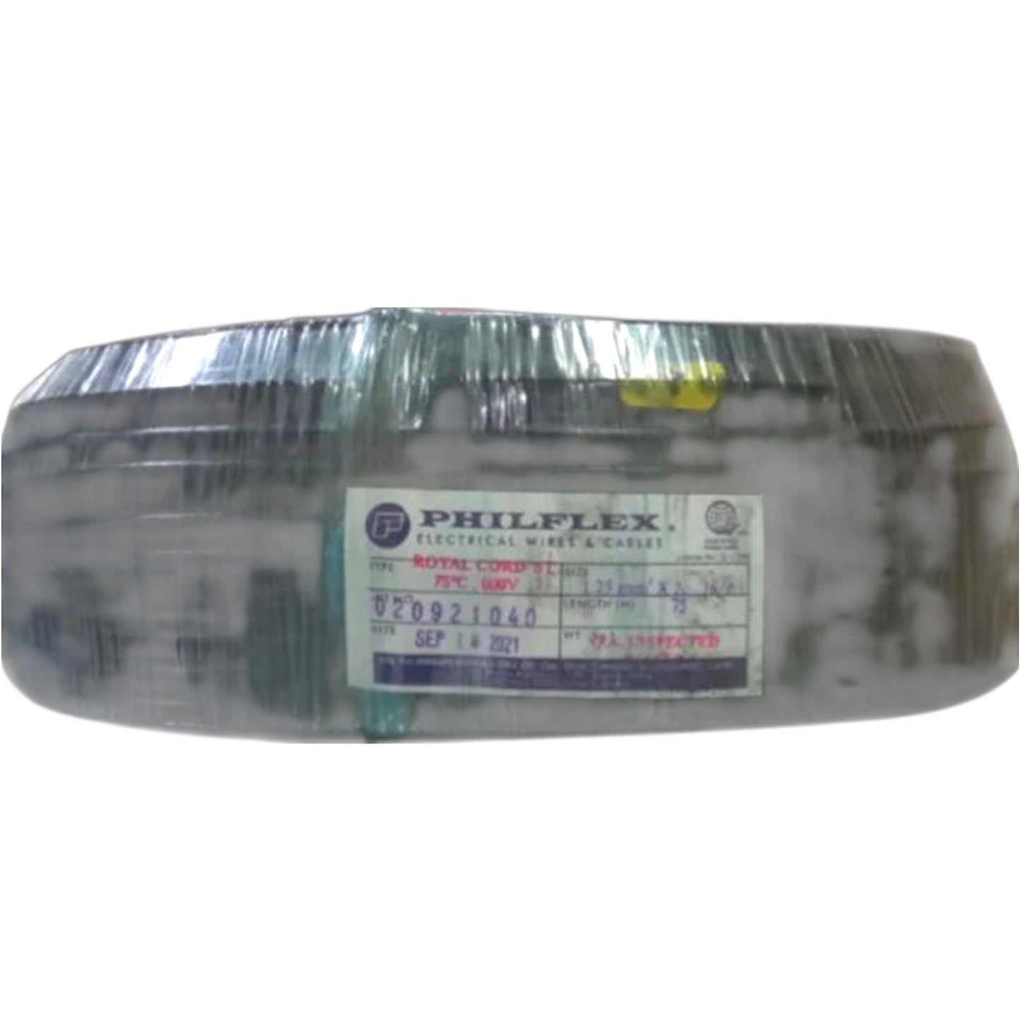A spool of Philflex Electrical White Coil PVC cable, 150 meters, wrapped in protective plastic with a white product label on a white background.