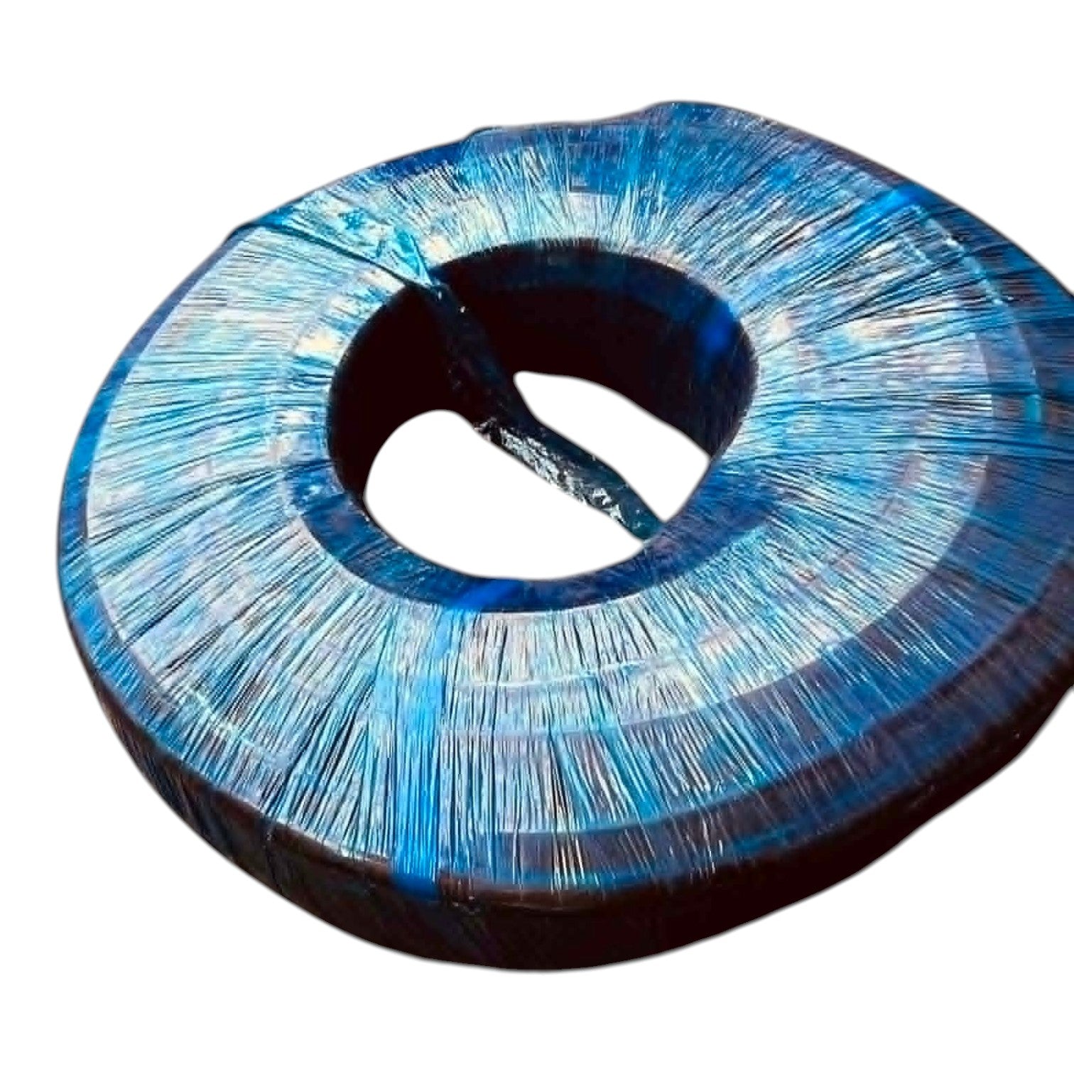 Blue and black circular object with a textured surface on a white background