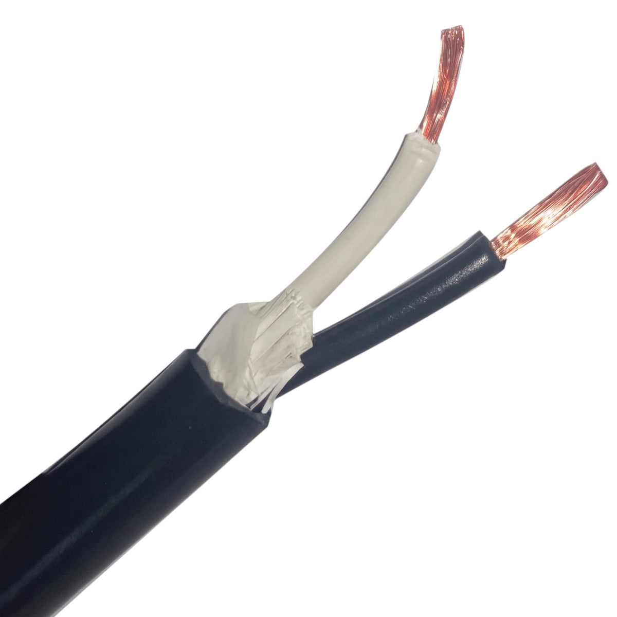 A close-up of a black electrical cable with its outer jacket peeled back to show the inner wires, including a white-insulated wire and a copper-colored stranded conductor.