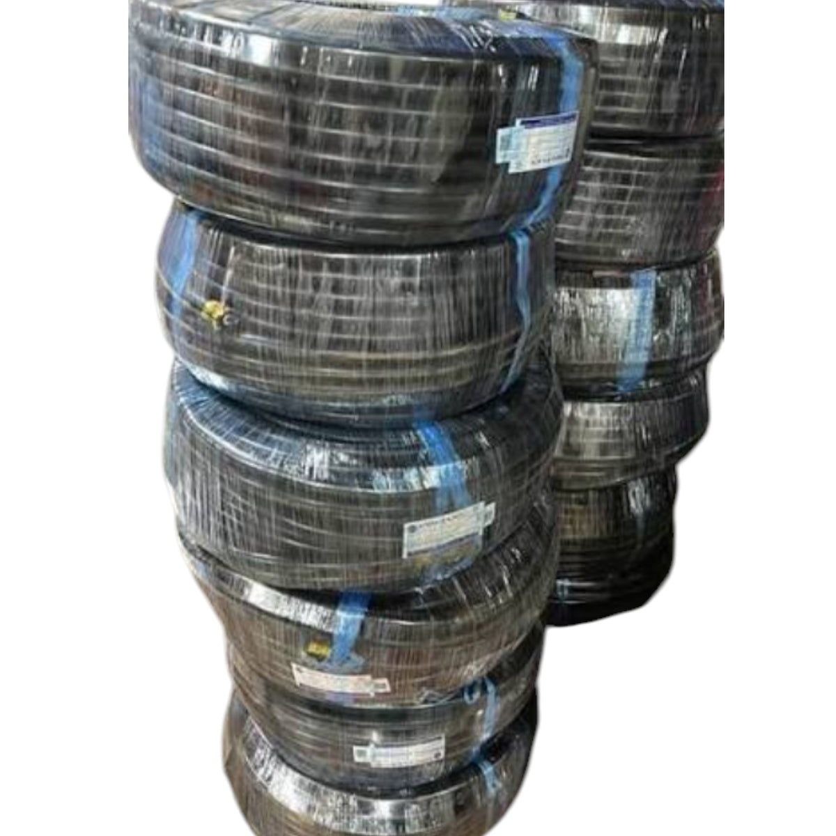 A stack of heavy-duty black steel coils wrapped in clear plastic protective film, secured with blue strapping bands and white labels, isolated on a white background.