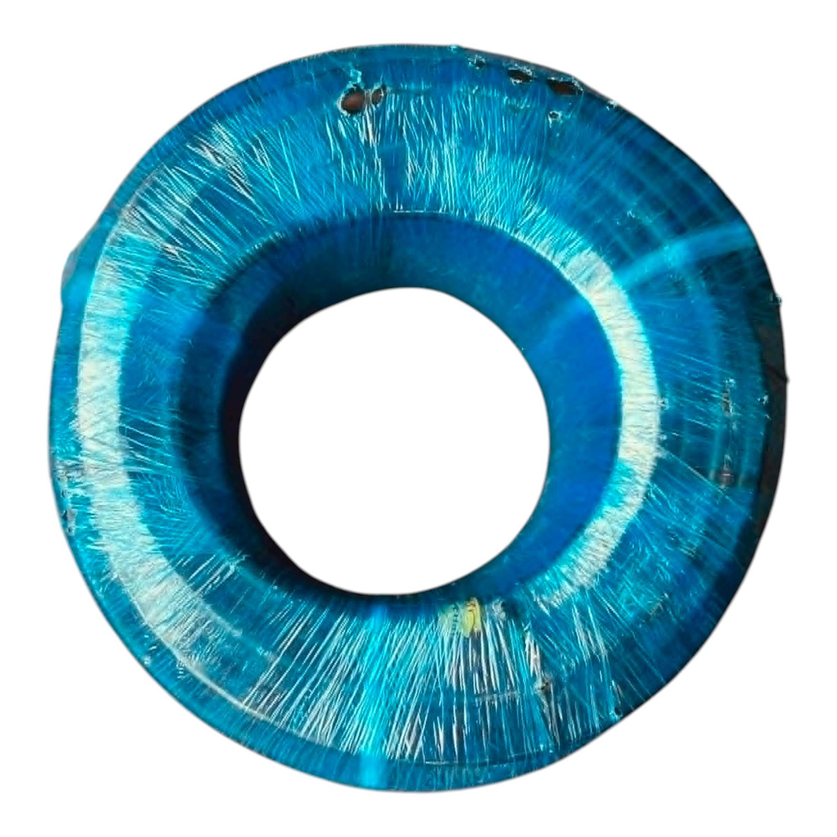 Blue plastic ring with white string on a white background