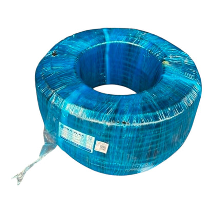 Coiled blue cable with a label on a white background