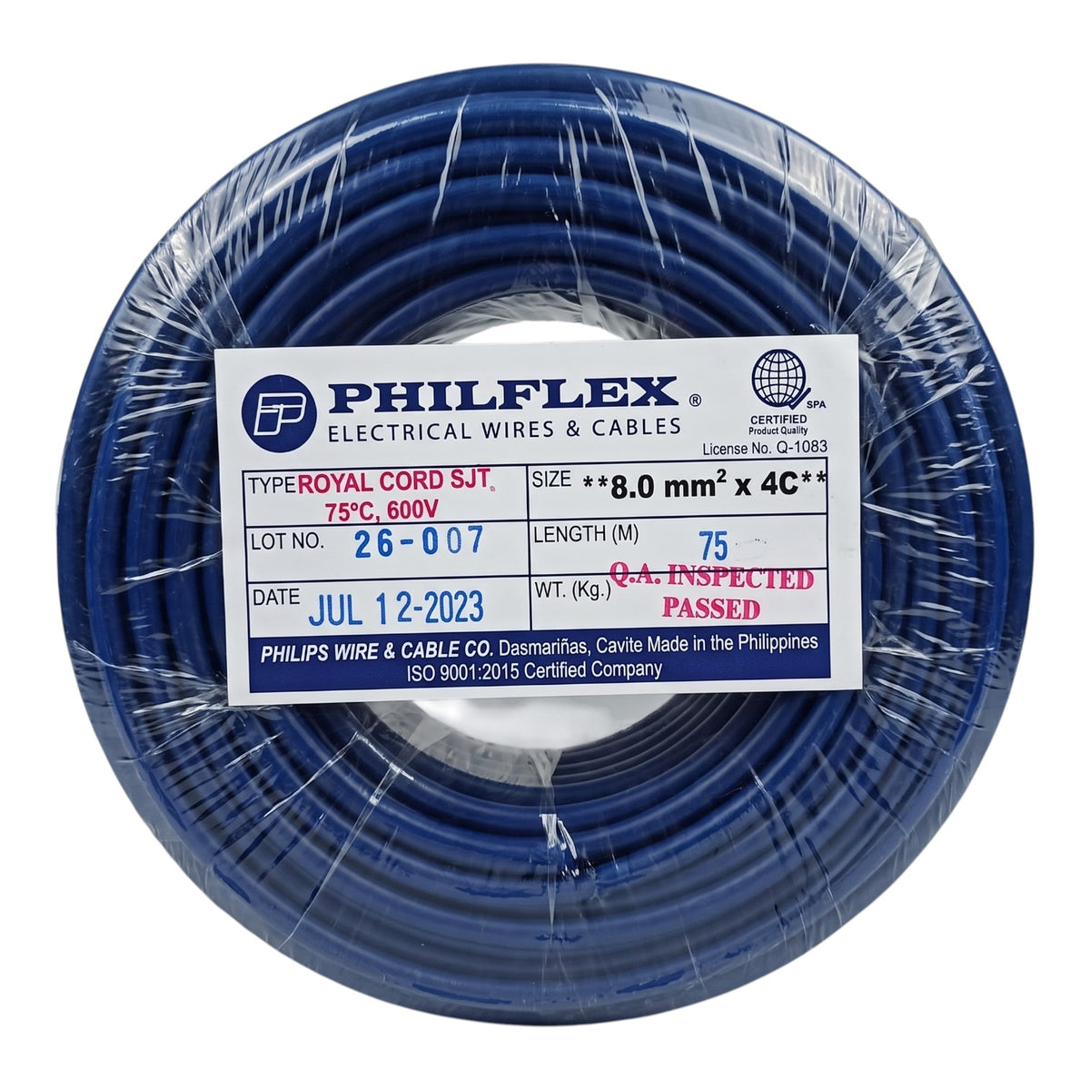 A large spool of blue Philflex electrical wire and cable, wrapped in clear protective plastic with a detailed white product label on the front.