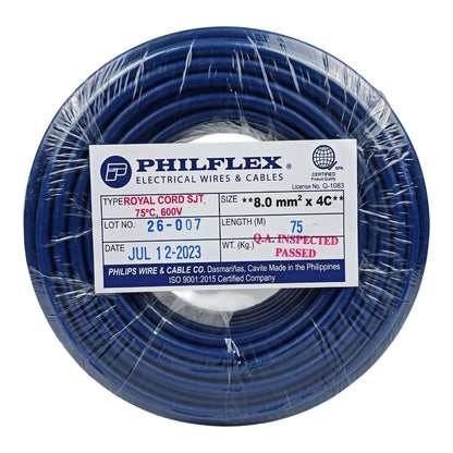 A large spool of blue Philflex electrical wire and cable, wrapped in clear protective plastic with a detailed white product label on the front.