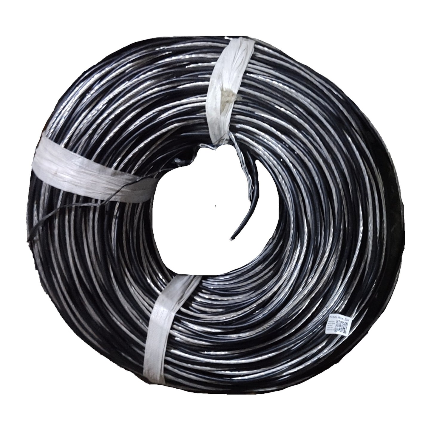 Coiled black cable with a white connector on a white background
