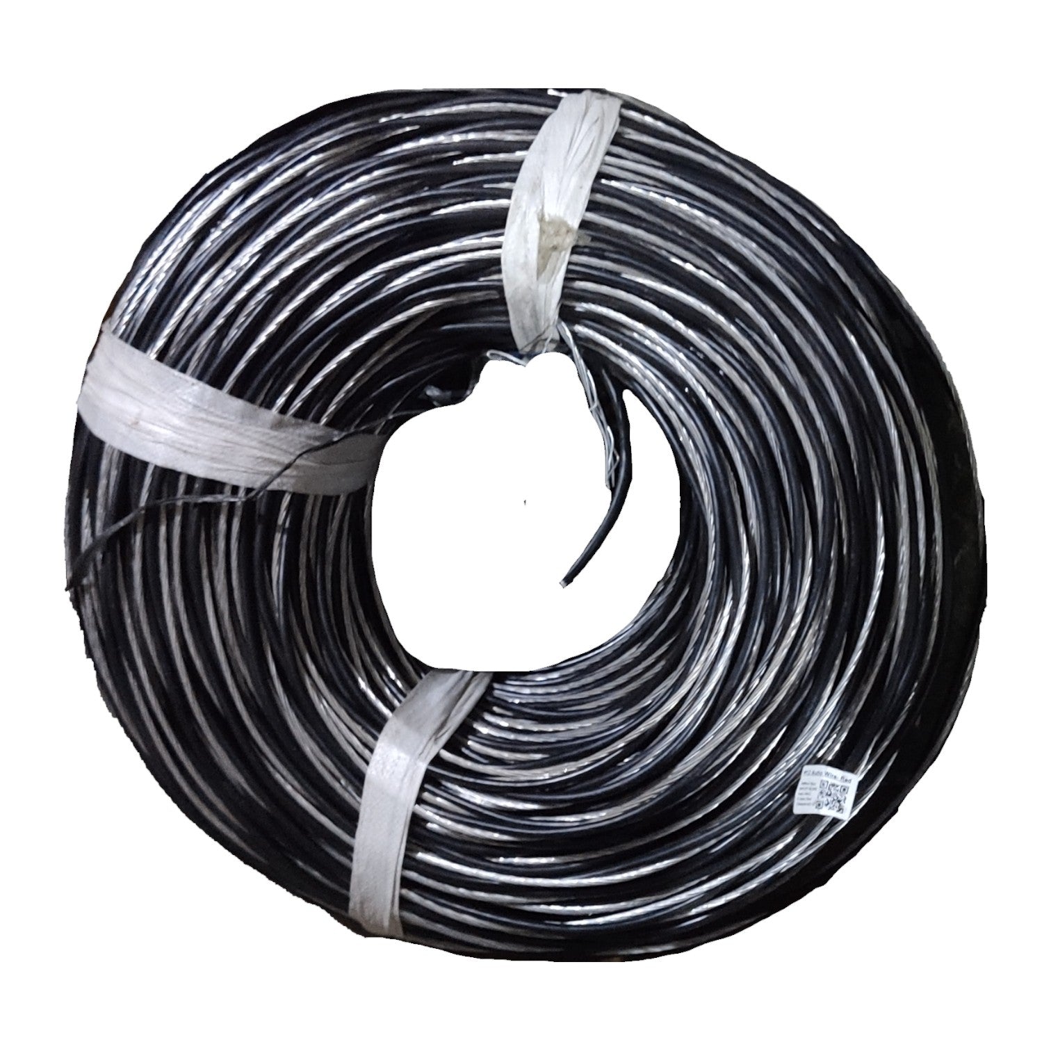Coiled black cable with a white connector on a white background