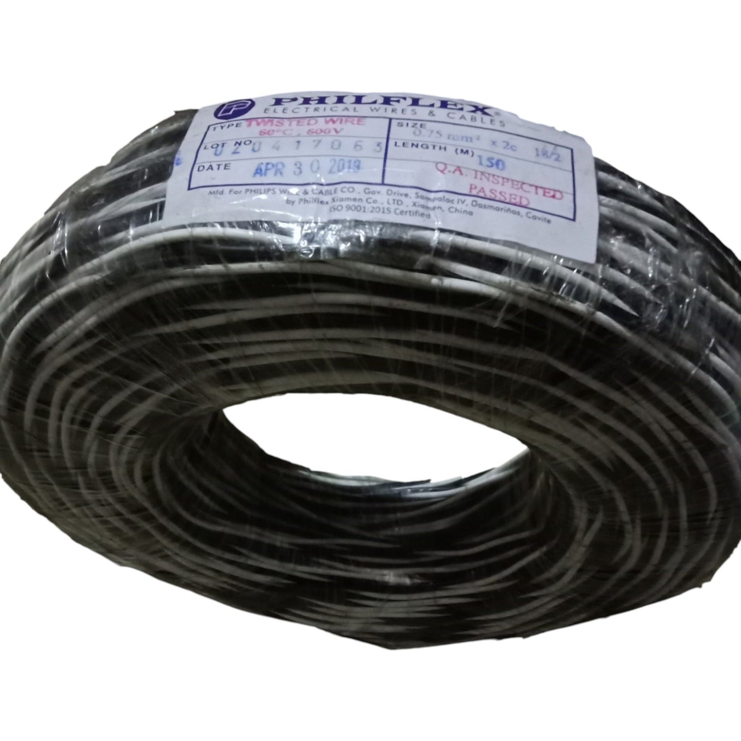 Coiled black cable with a Philflex label on a white background