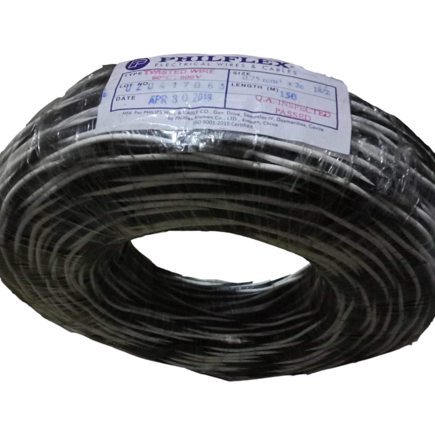 Coiled black cable with a Philflex label on a white background