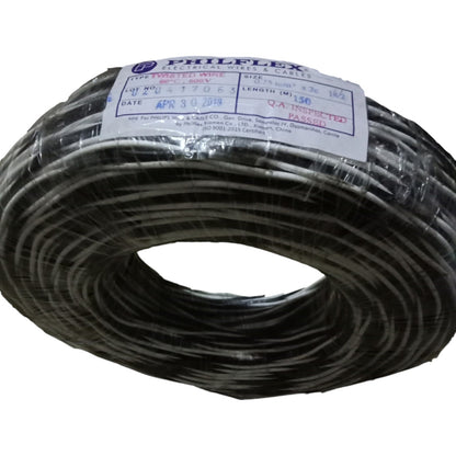 Coiled black cable with a Philflex label on a white background