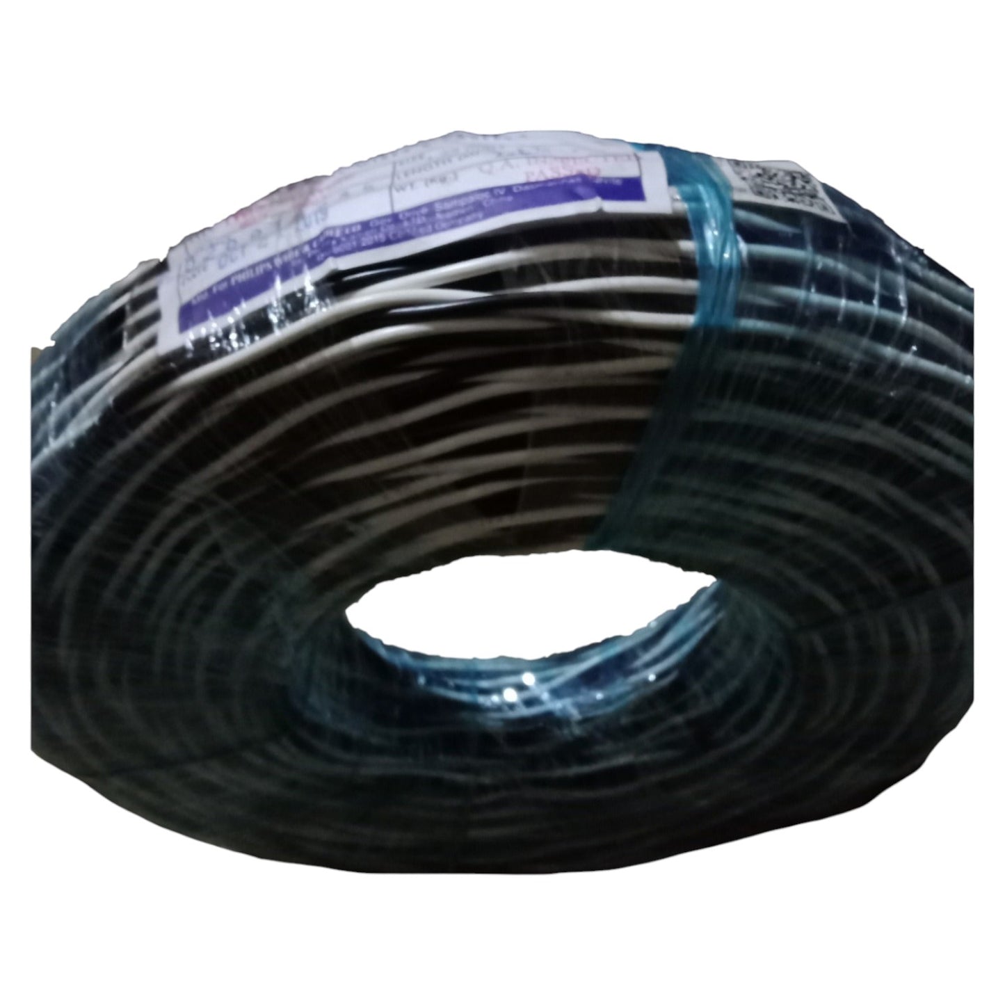 Coiled black cable with a label on a white background