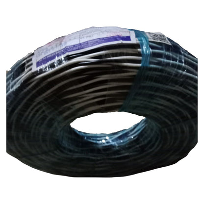 Coiled black cable with a label on a white background