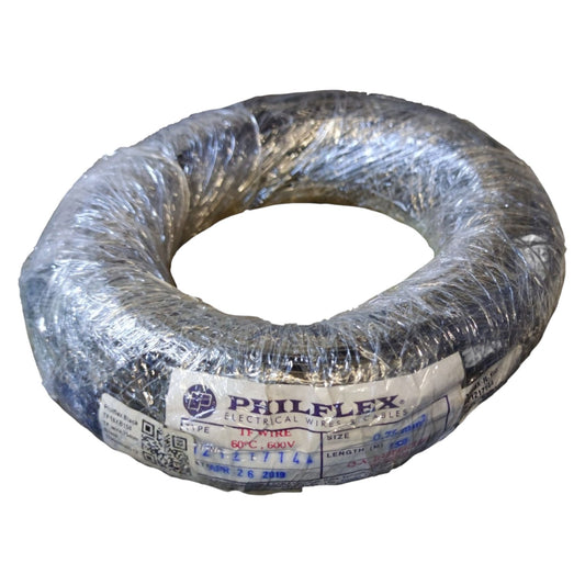 Coiled electrical cable with Phileflex label on a white background