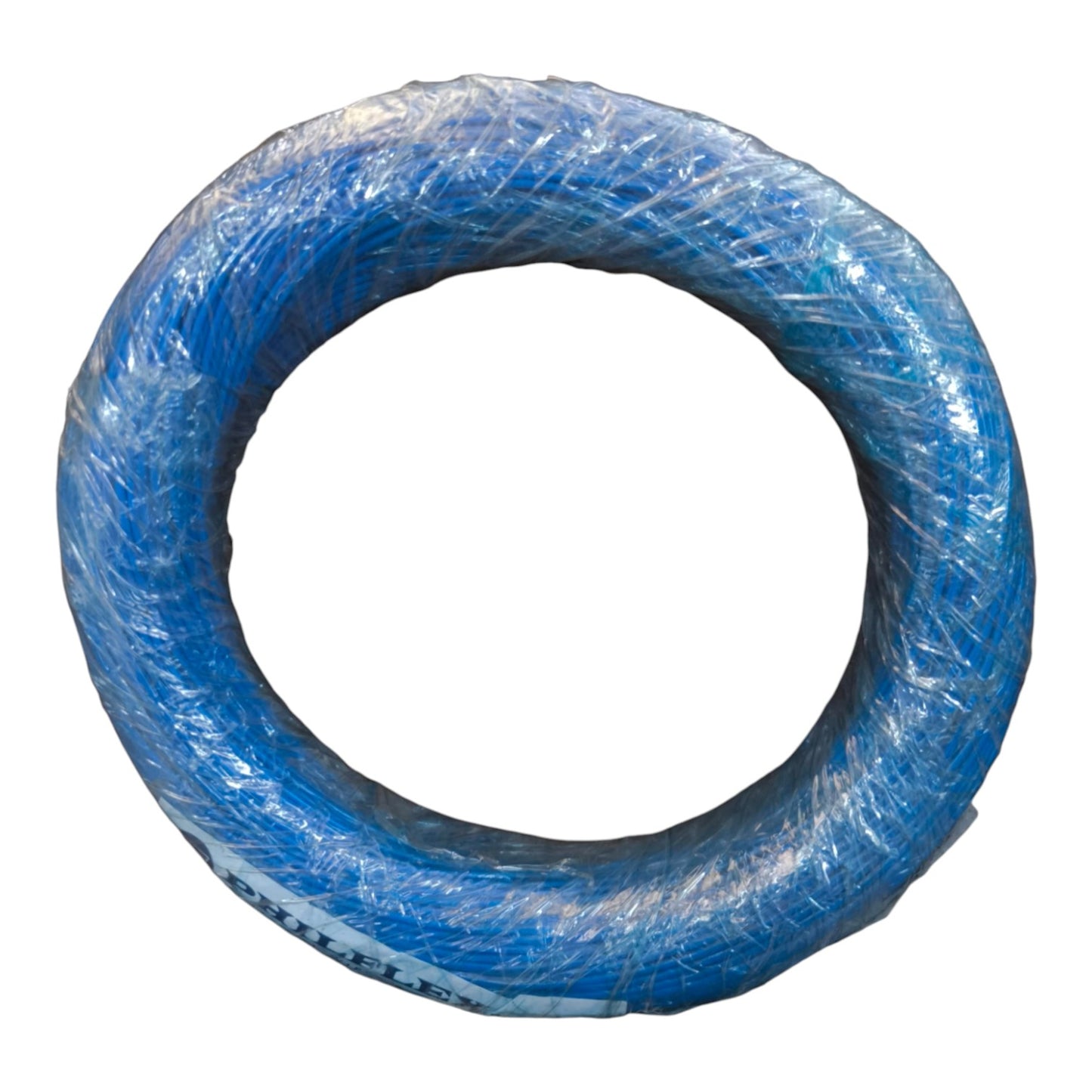 Coiled blue cable on a white background