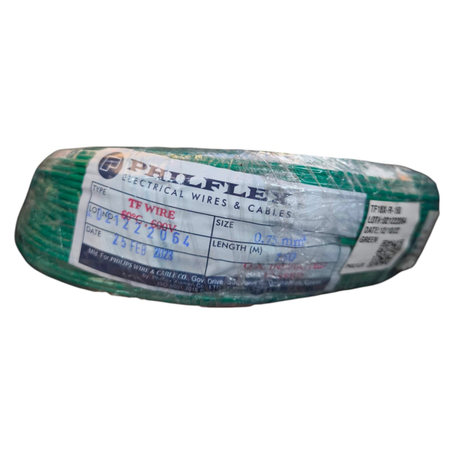 Spool of Philflex electrical wires with a label on a white background