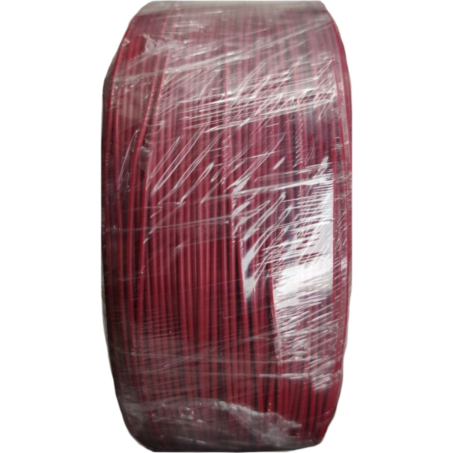 Red cable with clear protective covering on a white background