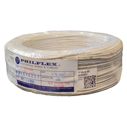 Spool of Philflex electrical wire with label and QR code on a white background