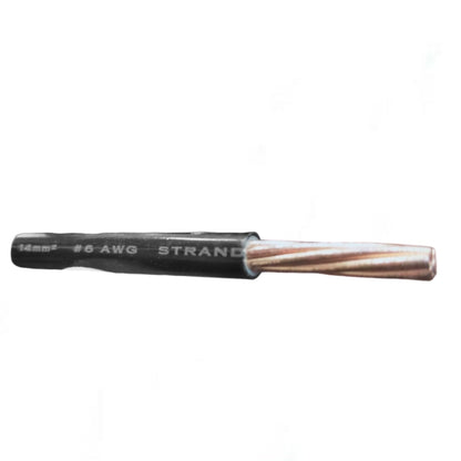A single strand of copper electrical wire with a black protective jacket and white printed text reading '14mm2 #8 AWG STRAND'.