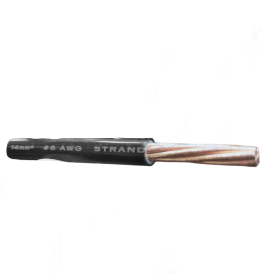 A single strand of copper electrical wire with a black protective jacket and white printed text reading '14mm2 #8 AWG STRAND'.