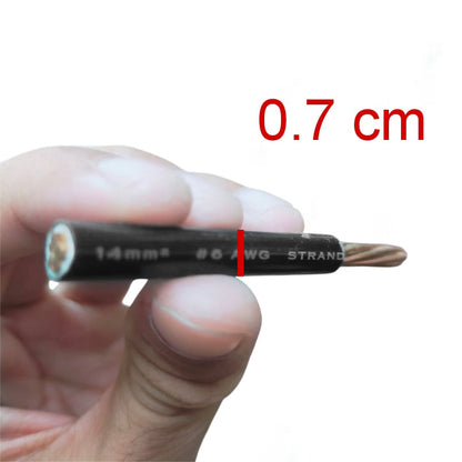 A hand holding a very small black screwdriver bit against a white background, with red text reading '0.7 cm' and white text on the bit showing '1.