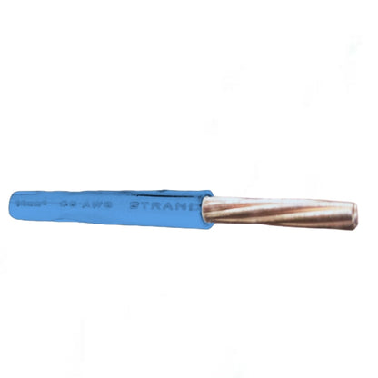 A single strand of blue electrical wire with a copper-colored core, shown horizontally against a plain white background.