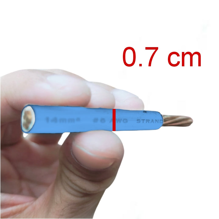 A hand holding a small blue drill bit against a white background, with red text reading '0.7 cm' indicating the size.