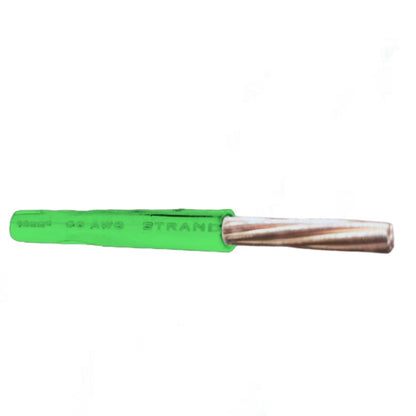 A single strand of green-insulated copper wire, showing the bare copper core, on a plain white background.