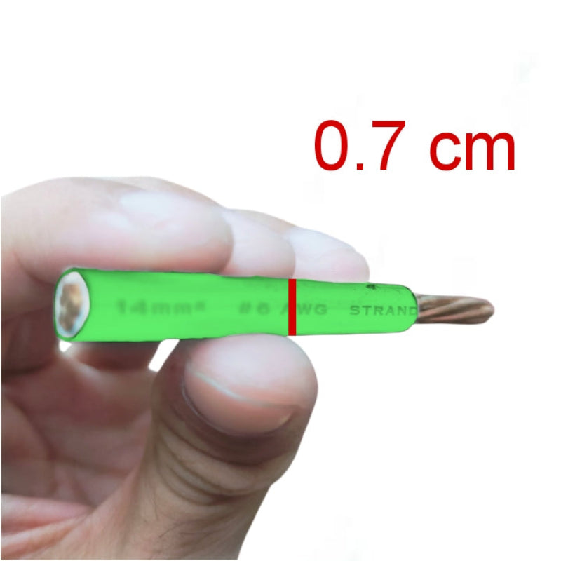 Green drill bit held by a hand with a measurement label '0.7 cm' above it.