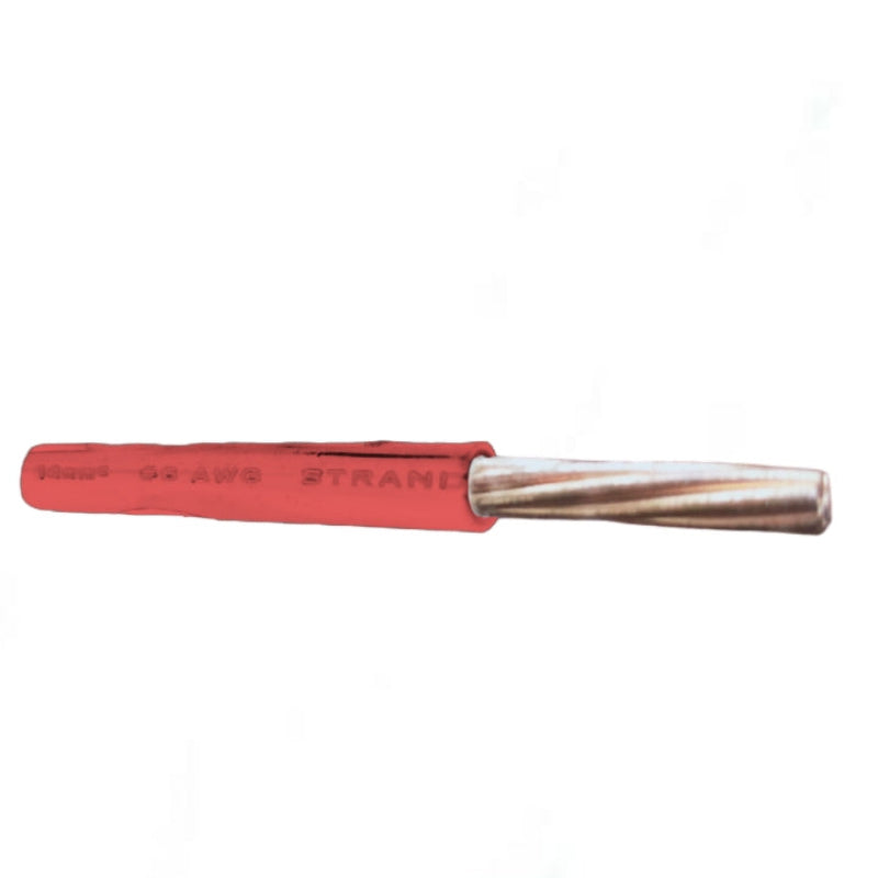 Red electrical cable with a metallic core on a white background