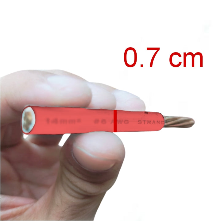 A hand holding a small red-handled drill bit against a white background, with red text reading '0.7 cm' above it.