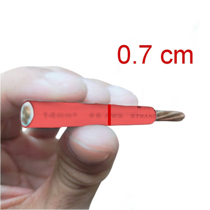 A hand holding a small red-handled drill bit against a white background, with red text reading '0.7 cm' above it.